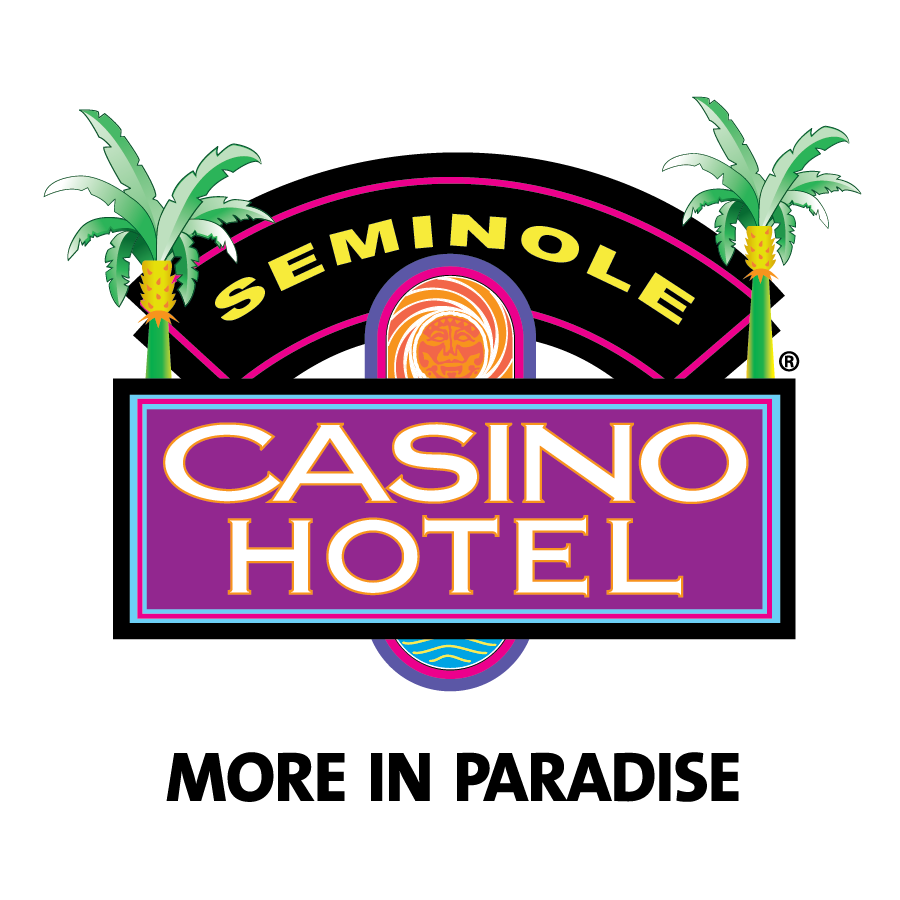 Seminole casino Logo Clear background Colorful logo for Seminole Casino Hotel featuring two stylized palm trees flanking a black arch with the word “SEMINOLE” in yellow. Below is a purple sign with “CASINO HOTEL” in bold white letters and an orange circular design in the background. The slogan “MORE IN PARADISE” appears beneath in black capital letters.