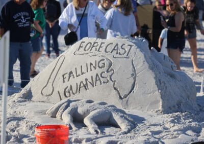 Sand sculpture with a thermometer, Florida outline, and an iguana beside the phrase “Forecast Falling Iguanas.”