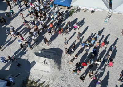 Aerial view of a crowd around a sand sculpture.