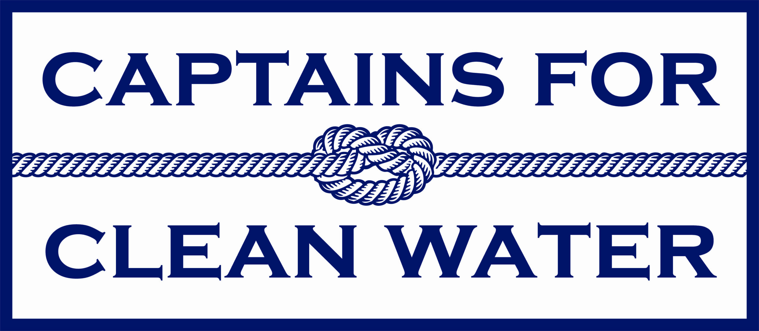 captains for clean water logo - navy Logo for Captains for Clean Water featuring bold blue uppercase text on two lines, separated by a detailed nautical rope knot illustration. The design is framed with a blue border, symbolizing strength and unity in environmental advocacy