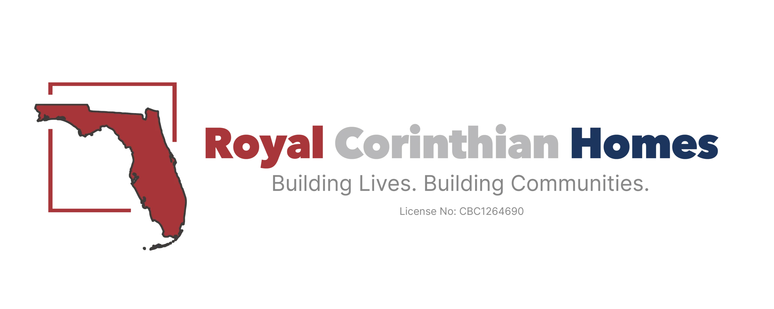 royal-corinthian-logo Logo for "Royal Corinthian Homes" featuring a red silhouette of Florida with a small house icon in the top left corner. The company name appears in a red, white, and blue gradient. Below it, the slogan "Building Lives. Building Communities." is written in gray, followed by the license number "License No: CGC1514900" in smaller gray text.