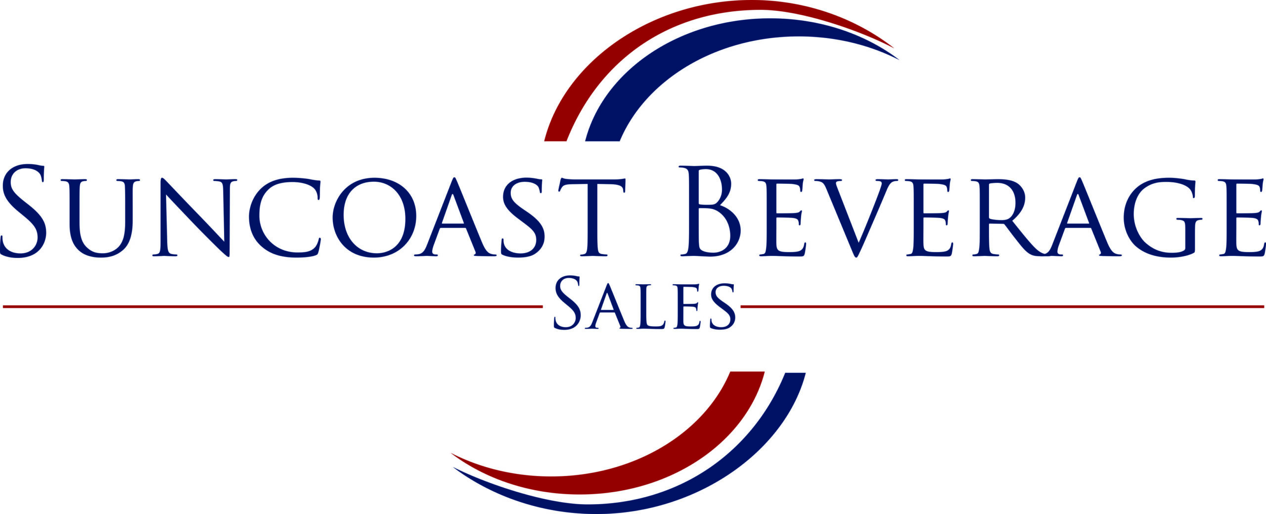 sbs logo Logo for Suncoast Beverage Sales featuring the company name in bold capital letters. ‘SUNCOAST BEVERAGE’ appears prominently above ‘SALES,’ with symmetrical curved lines of red and blue segments framing the text above and below.