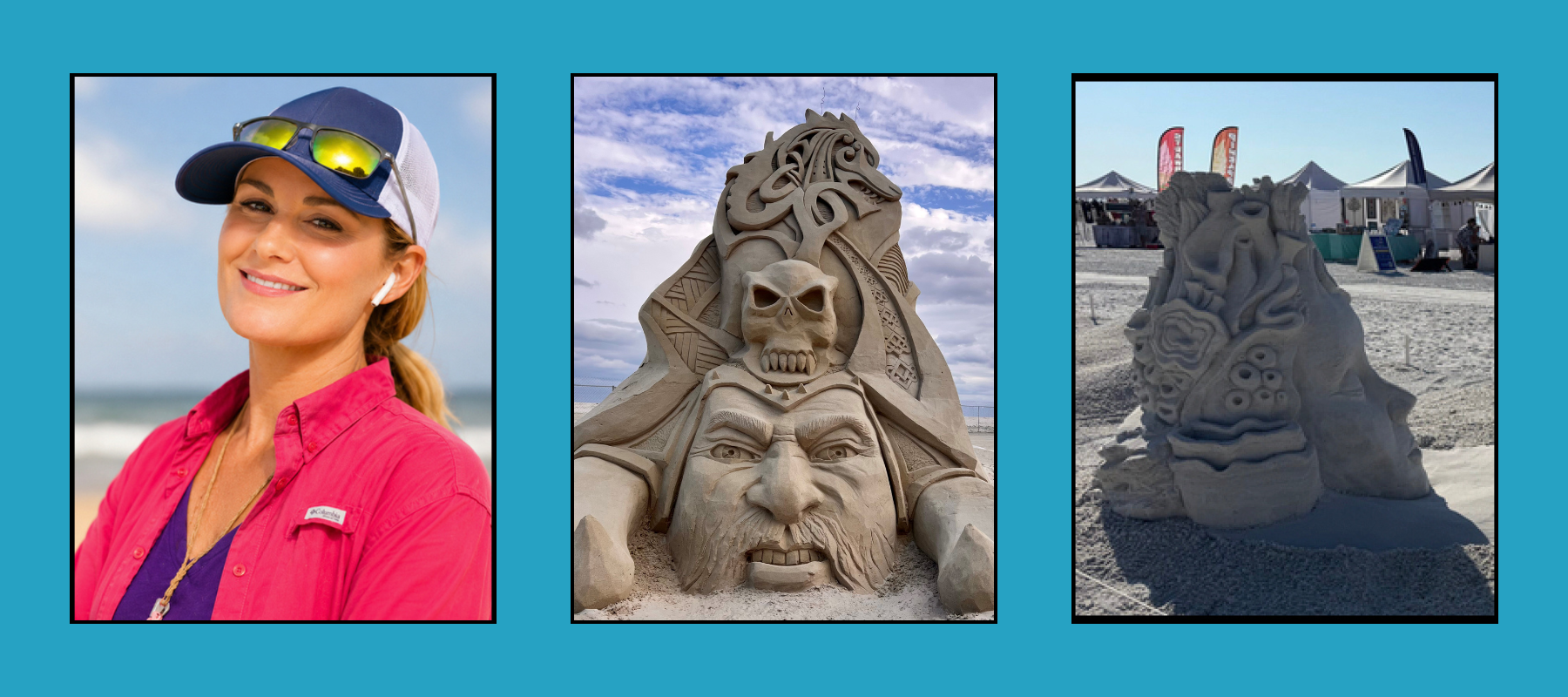 amanda-sculptor-tri-images Woman artist in cap and pink shirt beside detailed skull-face and creature sand sculptures at beach festival.