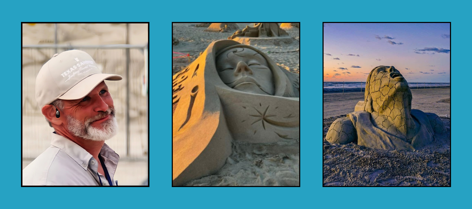 bruce-peck-sculptor-tri-images Texas Sand Festival artist portrait alongside intricate sand sculptures of faces at beach during golden sunset.