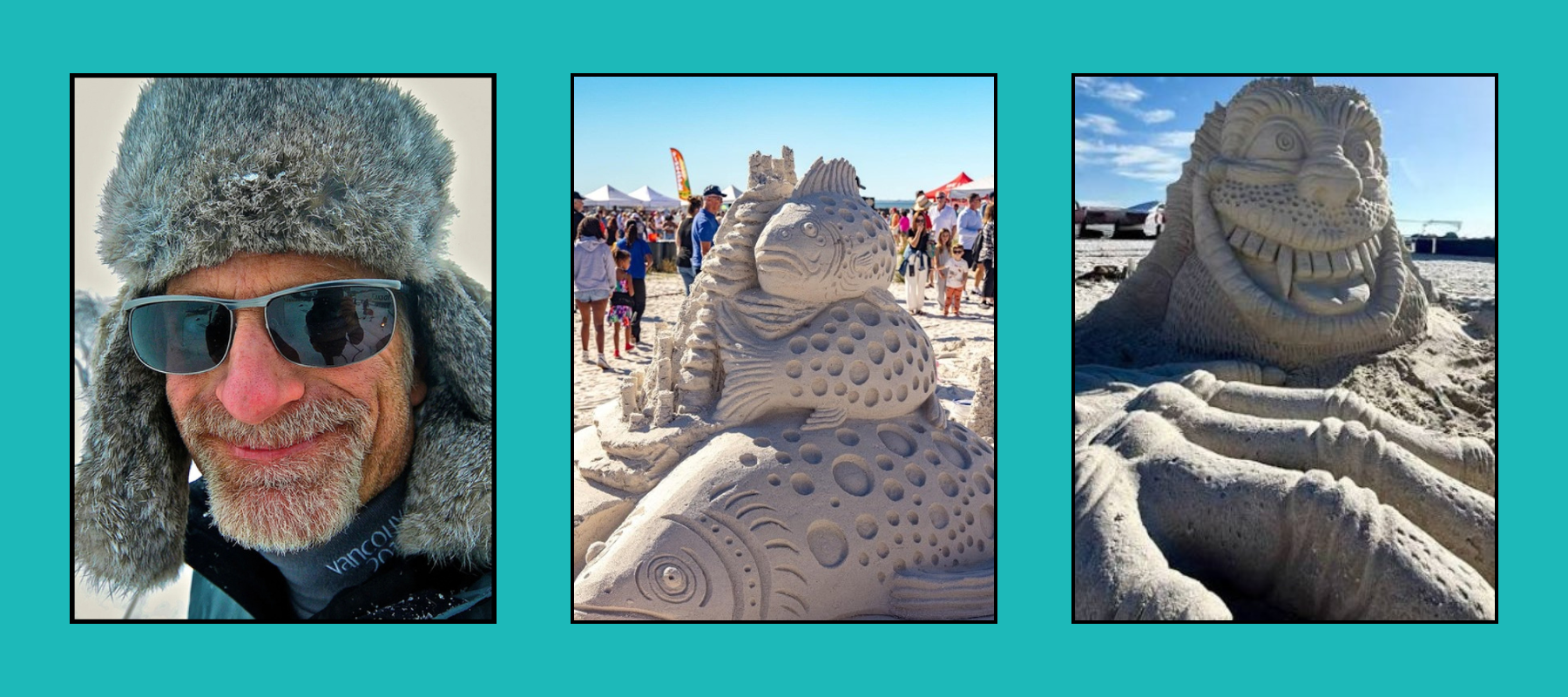 bruce-waugh-sculptor-tri-images-2 Artist in winter gear beside detailed fish and creature sand sculptures at beach festival with spectators.
