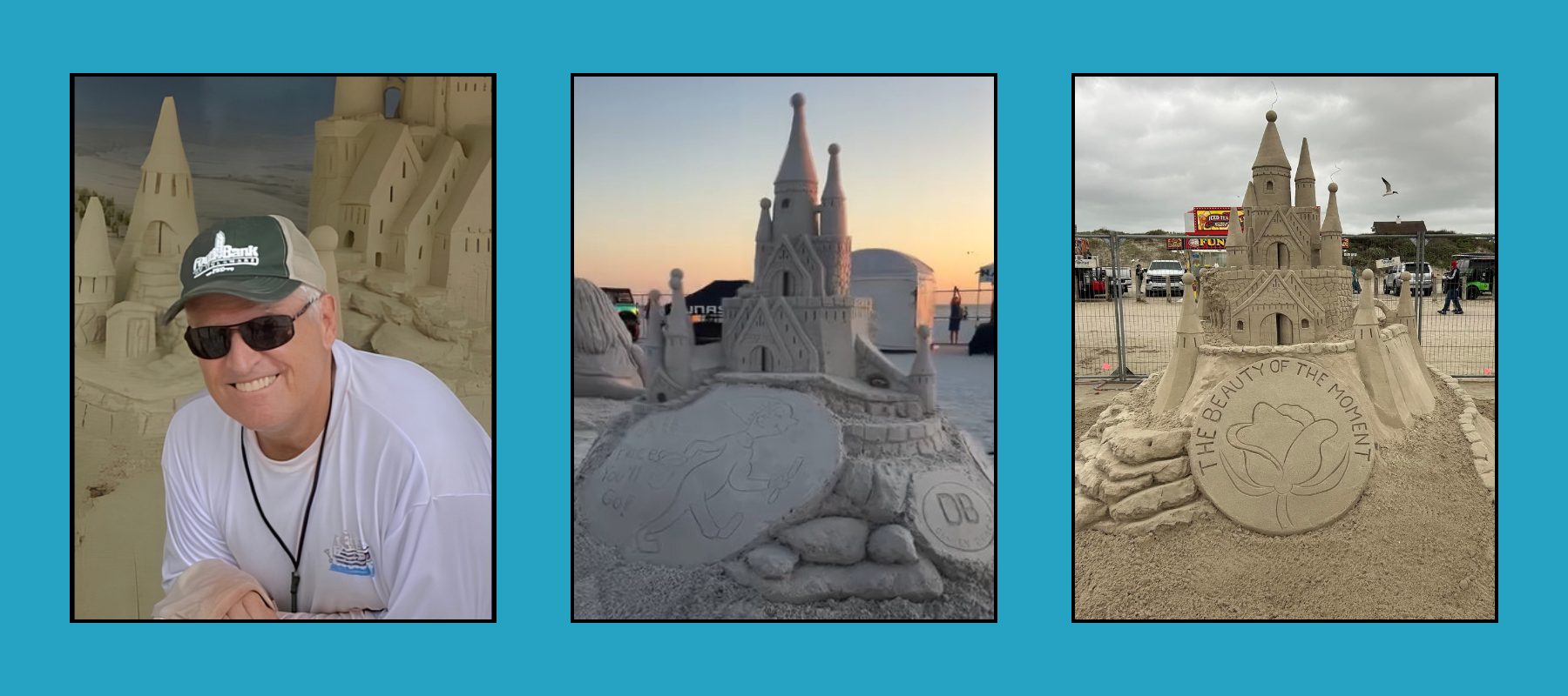 darrell-sculptor-tri-images Smiling artist in cap and sunglasses beside intricate sand castles with sunset silhouette carving and "The Beauty of the Moment" rose design sculpture at beach competition.