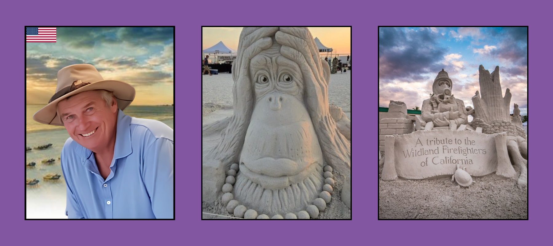 john-gowdy-sculptor-tri-images Smiling artist by ocean, orangutan sand sculpture, tribute to Wildland Firefighters of California sand display.