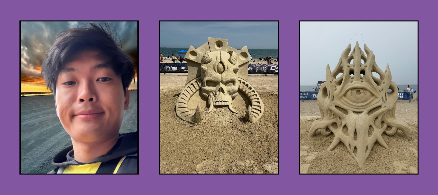 joon-sculptor-tri-images Young artist portrait, demonic horned skull sand sculpture, and mystical eye creature sand sculpture at beach competition.