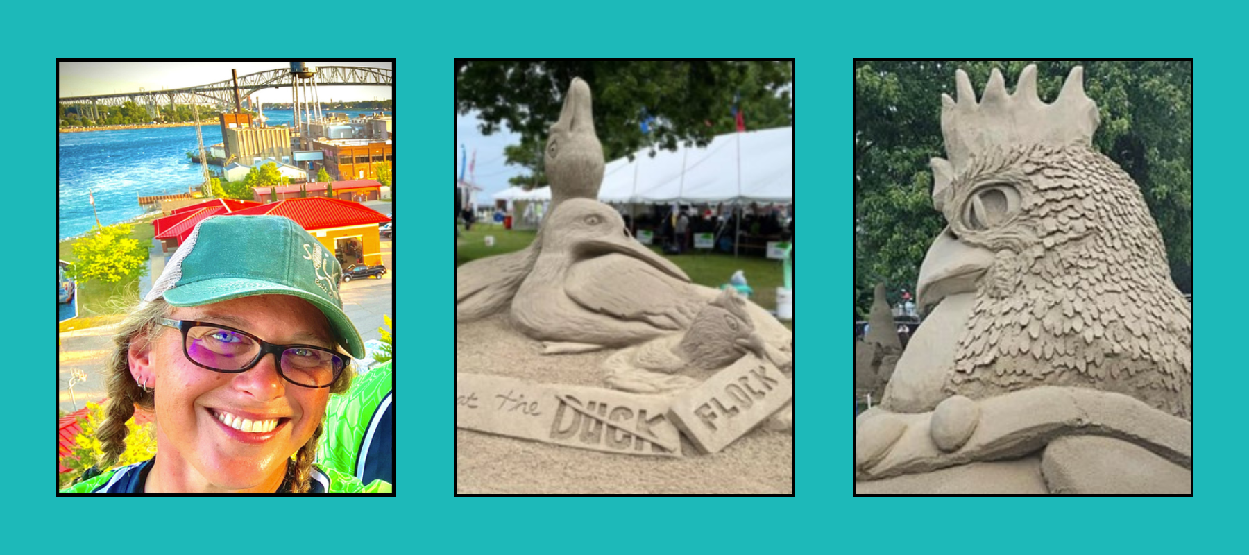 lauren-sculptor-tri-images Smiling woman with braids and glasses overlooking waterfront with bridge, pelican sand sculpture with "Duck Flock" sign, and detailed rooster head sand sculpture with feather texture at festival.
