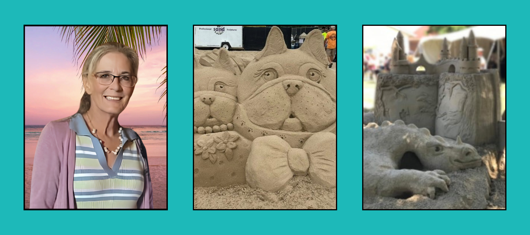 laurie-sculptor-tri-images Woman with glasses at sunset beach, bulldog-cat sand sculpture with bow, castle with dragon at sand festival.