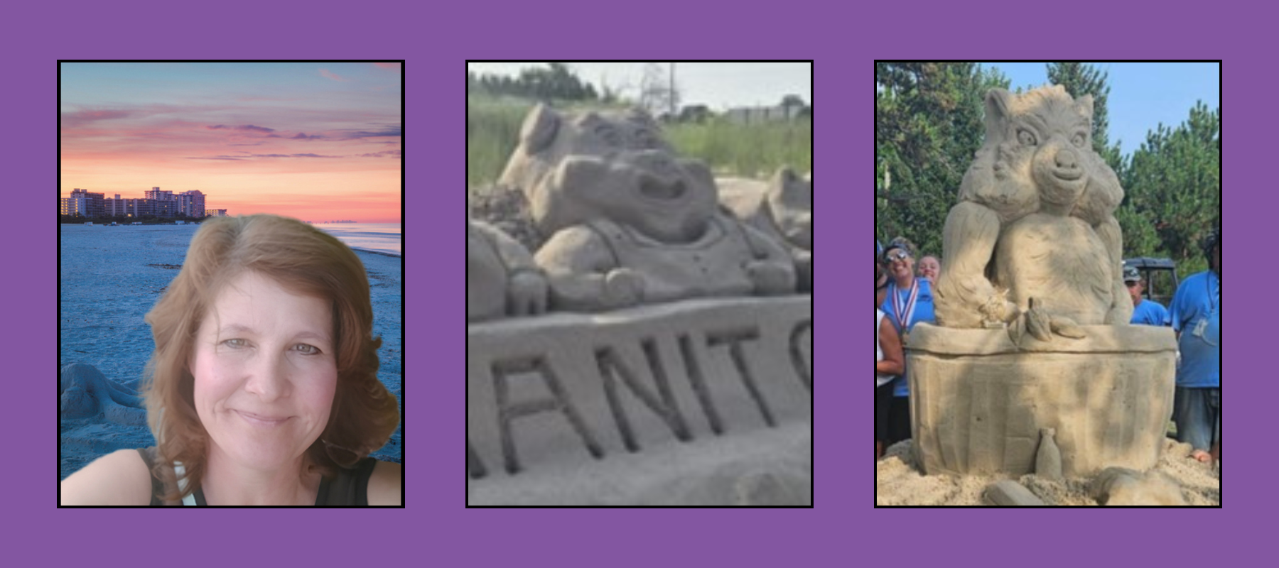 marcie-sculptor-tri-images Woman at sunset beach with condos behind, character sand sculpture with carved letters, and animated wolf-like creature sand sculpture on pedestal at competition.