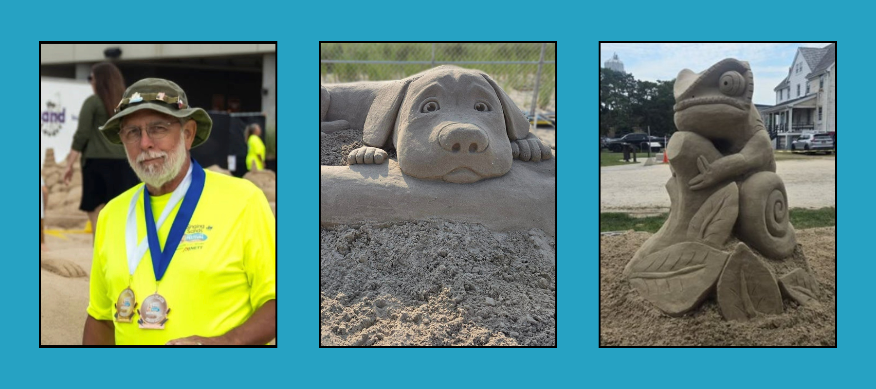 mark-sculptor-tri-images Medal-winning artist in yellow shirt beside lifelike puppy sand sculpture and perched chameleon sand sculpture at beach competition.
