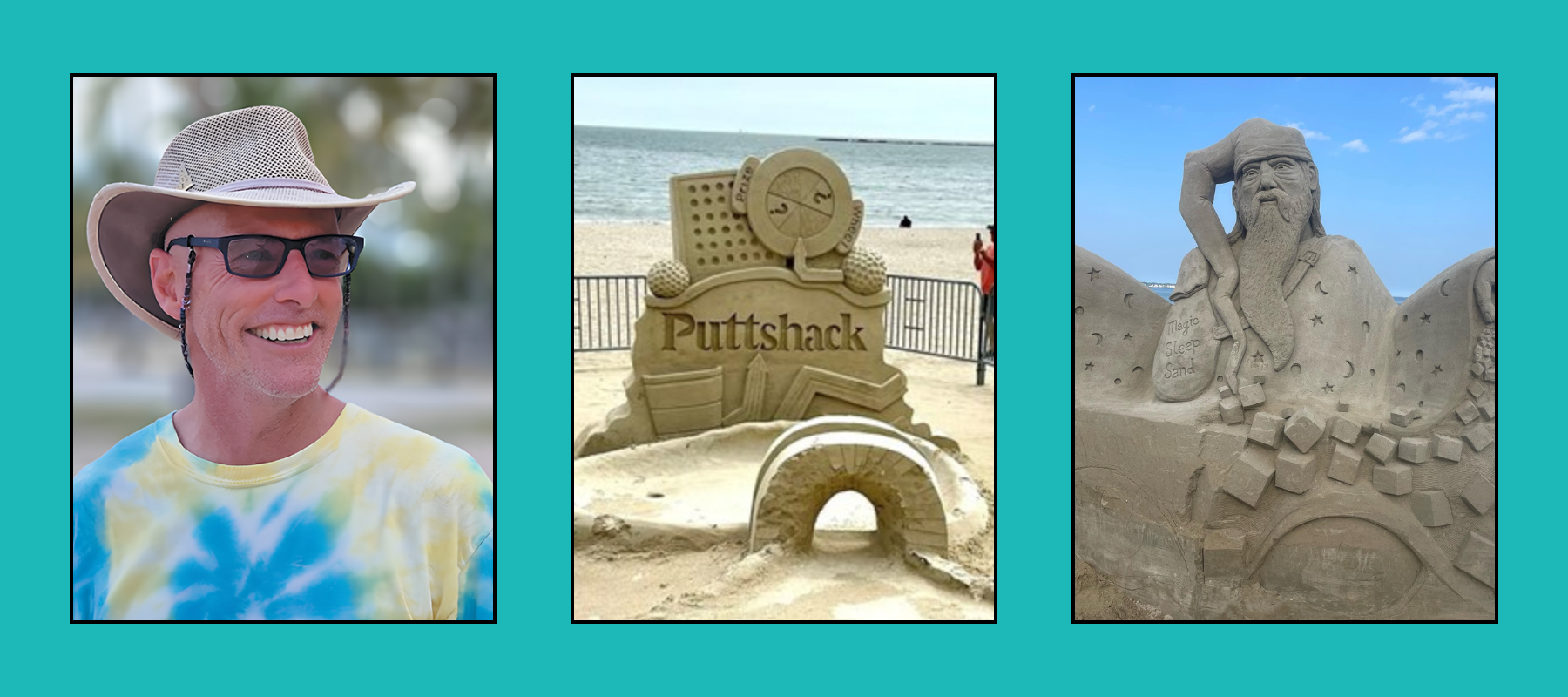 matt-sculptor-tri-images Smiling man in cowboy hat and tie-dye shirt beside Puttshack logo and bearded wizard sand sculptures at beach.