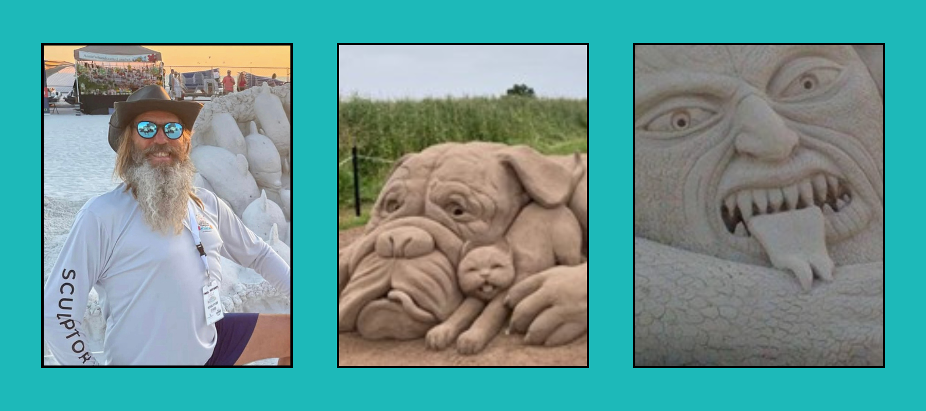 paul-sculptor-tri-images Bearded sculptor in hat and sunglasses beside bulldog-kitten and fierce monster sand sculptures at beach competition.