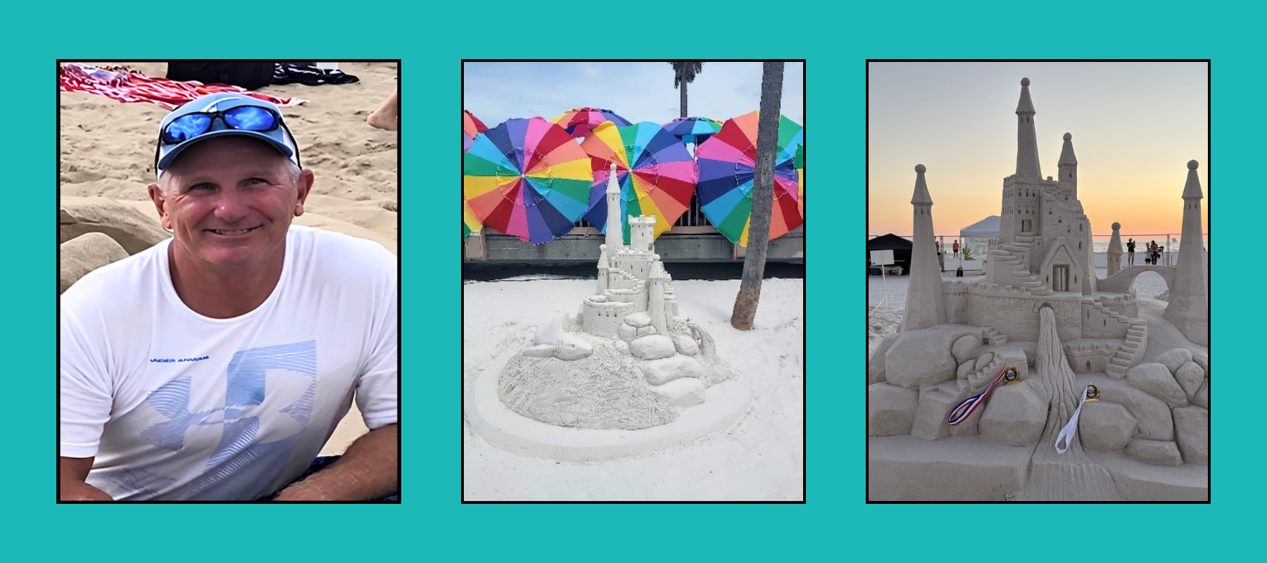 pete-sculptor-tri-images Smiling man in cap beside colorful sand castle with rainbow umbrellas, and elaborate castle sculpture with medals at beach sunset.