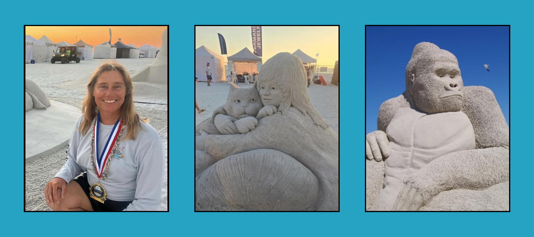 remy-sculptor-tri-images Award-winning sand sculpter with medal, girl embracing cat sculpture, and detailed gorilla sand sculpture at beach competition.