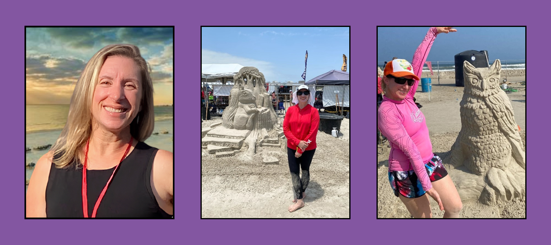 resa-sculptor-tri-images Blonde woman smiling at ocean sunset, woman in red by tree stump creature sand sculpture, and woman in pink posing beside detailed owl sand sculpture at beach festival.