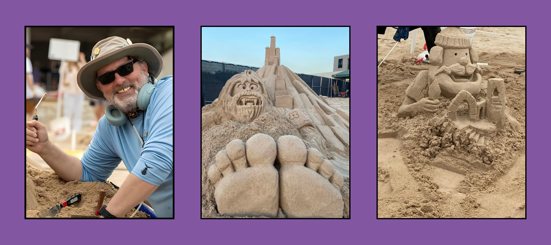 scott-sculptor-tri-images Bearded artist in hat and sunglasses with carving tool, giant foot monster sand sculpture with castle peak, and pipe-smoking gnome sand sculpture at beach festival.