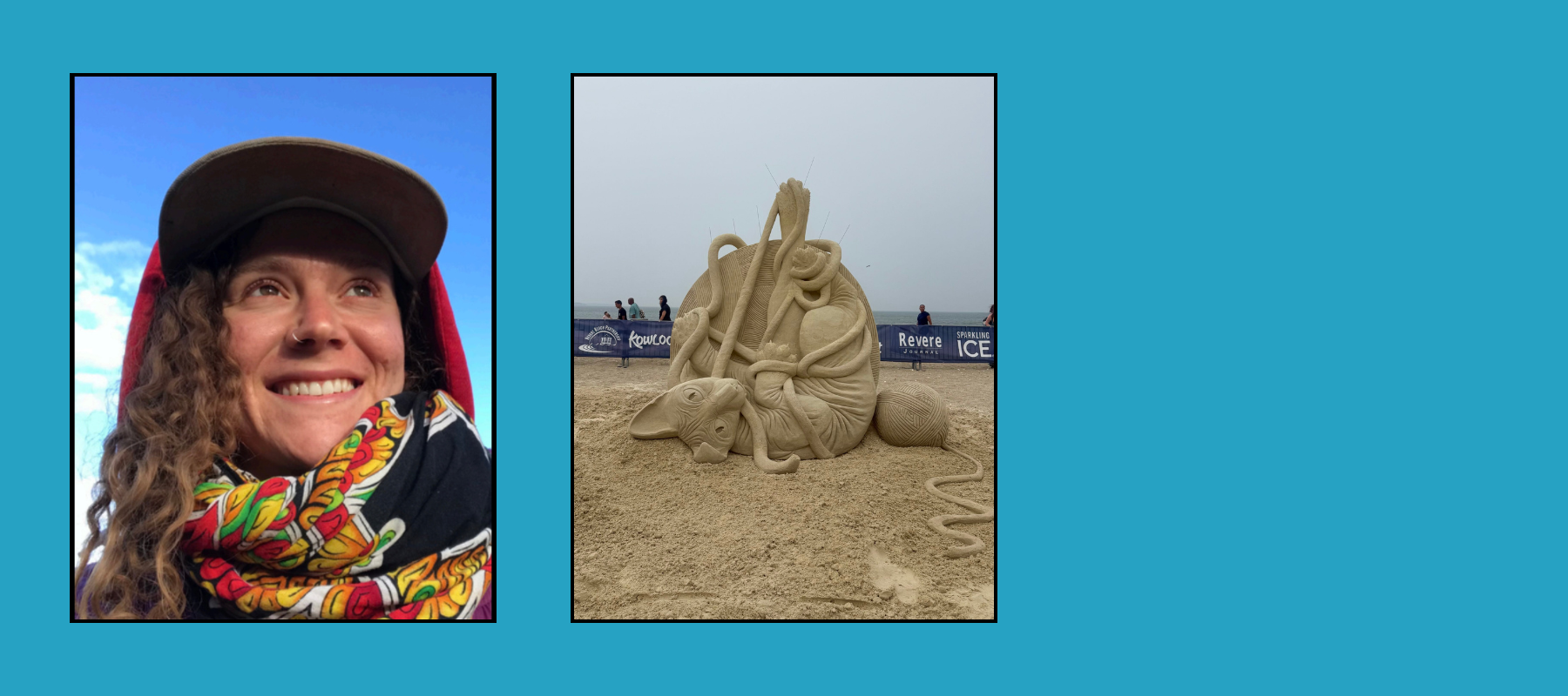seveline-sculptor-tri-images Smiling artist with curly hair and colorful scarf beside playful cat-and-yarn ball sand sculpture at beach festival.