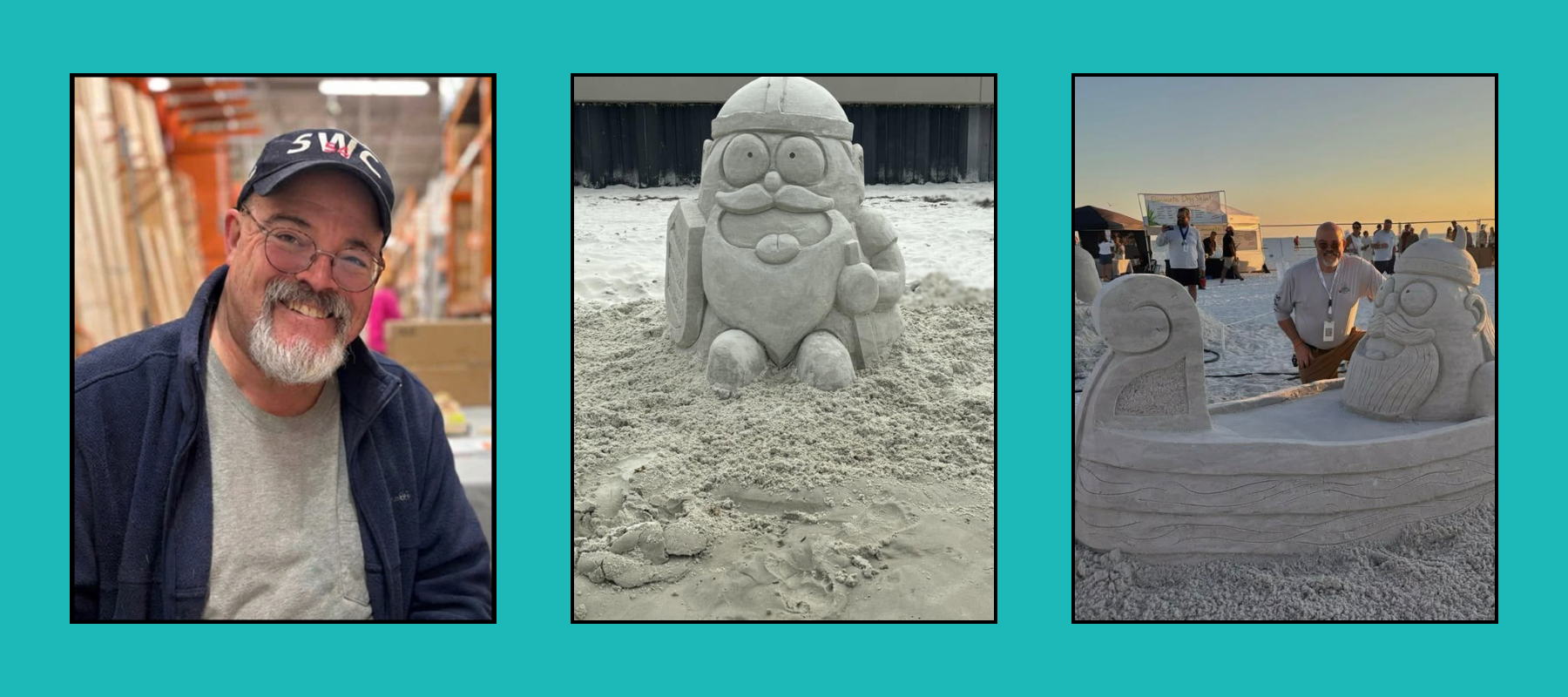 shannon-fishback-sculptor-tri-images Bearded artist in glasses and cap, cheerful Santa/gnome sand sculpture with helmet, and bearded figure in Viking ship sand sculpture at beach sunset competition.