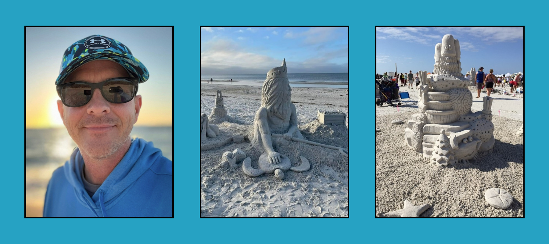shannon-summey-sculptor-tri-images Man in patterned cap and sunglasses at sunset beach, seated mermaid sea creature sand sculpture on shore, and elaborate tiered sand sculpture with starfish at beach competition.