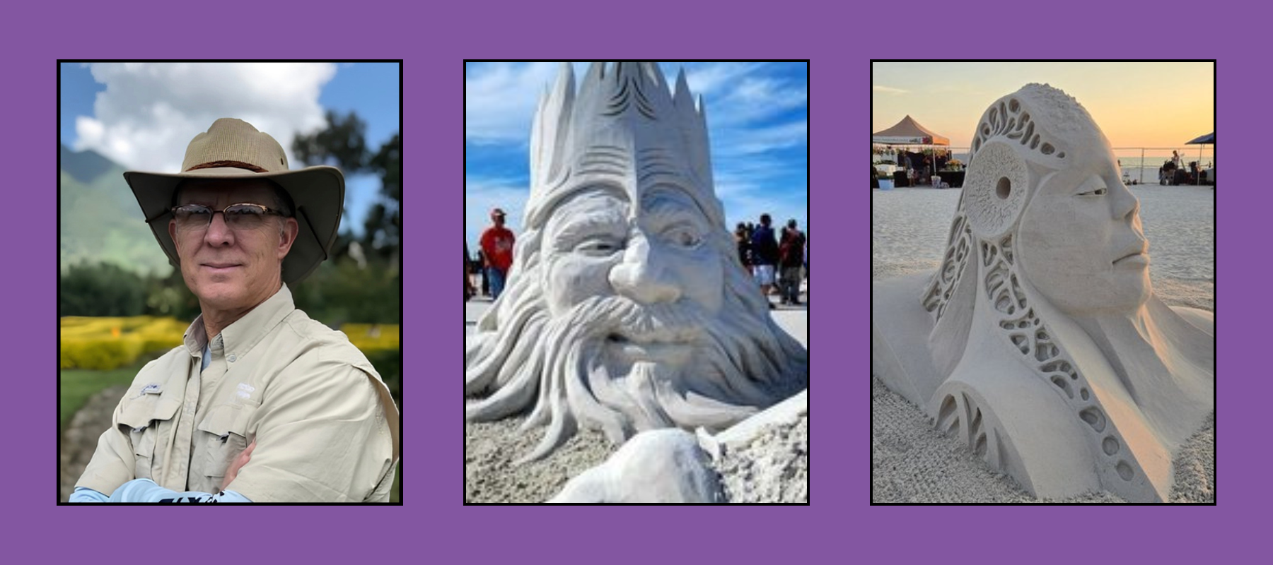 todd-sculptor-tri-images Man in safari hat beside bearded king sand sculpture and ornate female profile with carved details at beach festival sunset.