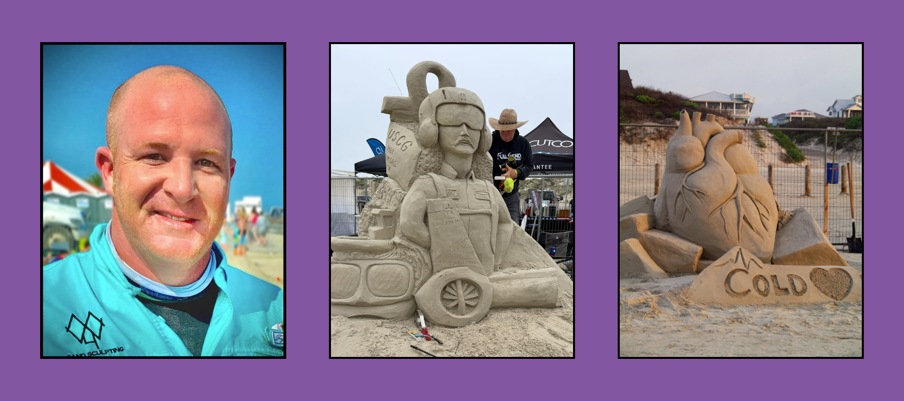 tyler-sculptor-tri-images Bald artist in teal jacket, USCG coast guard rescue helicopter pilot sand sculpture, and anatomical heart with "Cold Heart" inscription sand sculpture at beach competition.