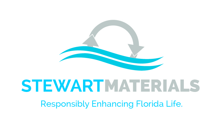 Stewart Materials logo with recycling arrows over blue waves and tagline "Responsibly Enhancing Florida Life"