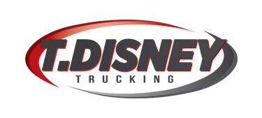 T. Disney Trucking logo with bold black text inside a red and gray elliptical swoosh on white background.