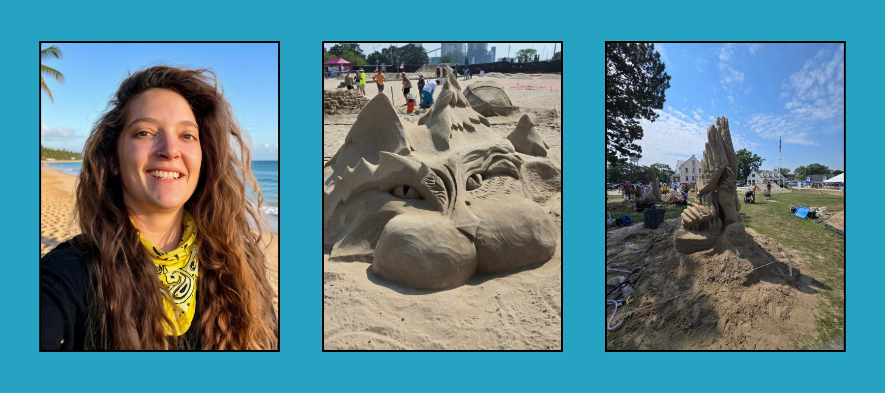 jordyn-tri-new-headshot Woman at beach beside elaborate dragon and sculpture sand art at competition